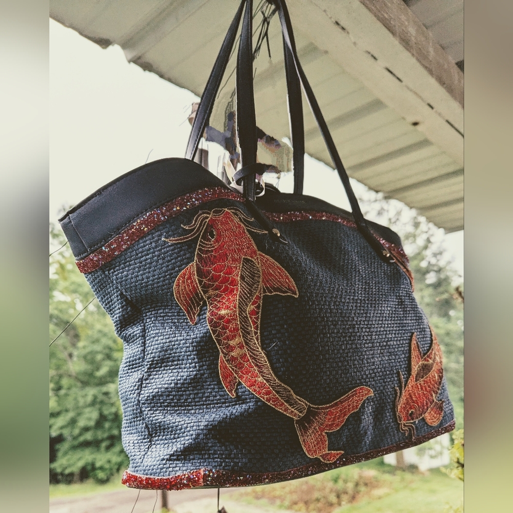 UPCYCLED ๐ ๐ DON'T BE KOI ๐๐ Leather/Woven Cotton TOTE๐ฟ PEACE GARDEN DESIGNS - Picture 8 of 15